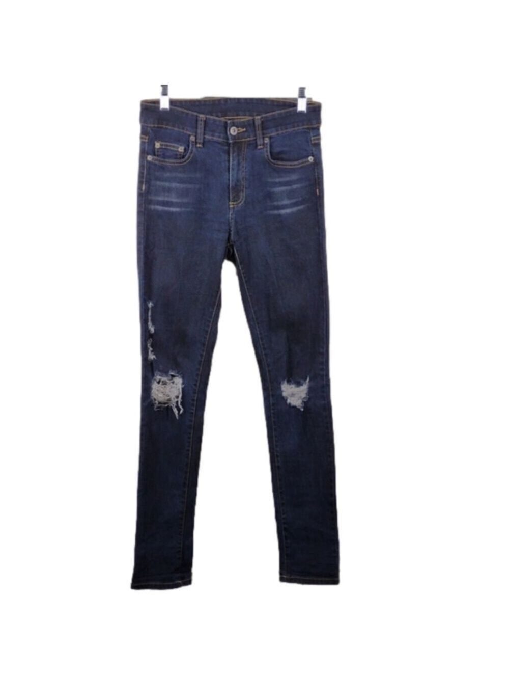 Carmar Blue Dark Wash Five Pocket Mid Rise Ripped Distressed Skinny Jeans